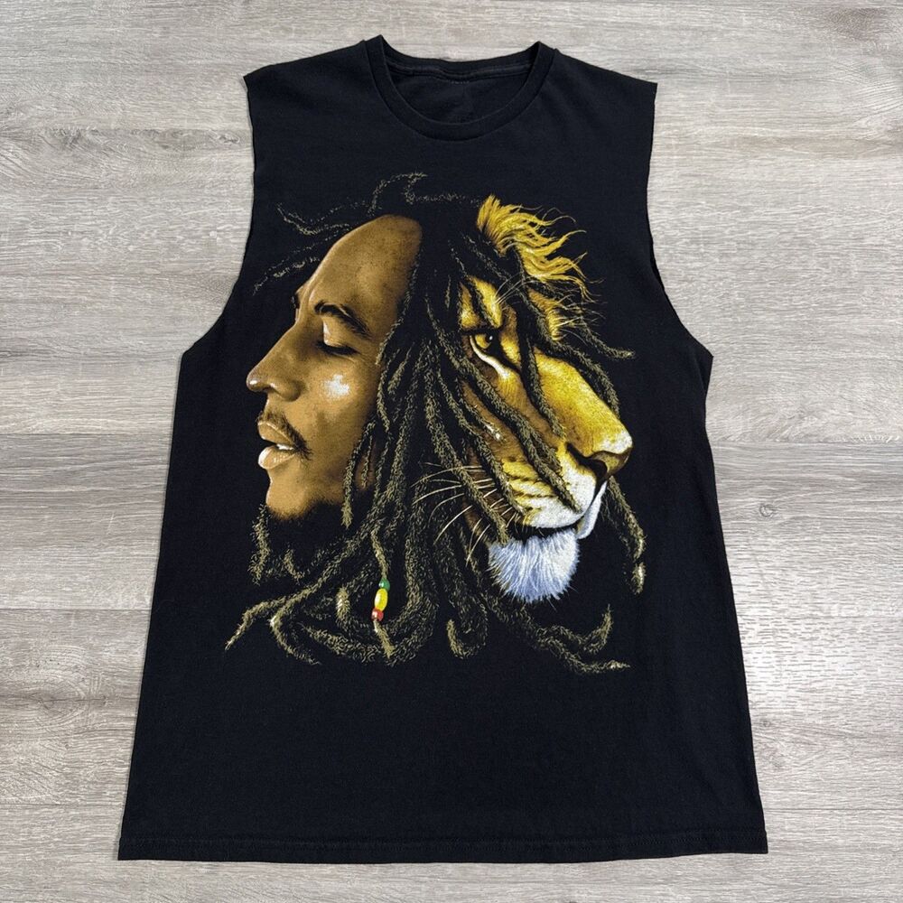Bob Marley Shirt Men’s Medium Black Sleeveless Cutoff Lion Zion Rootswear Reggae